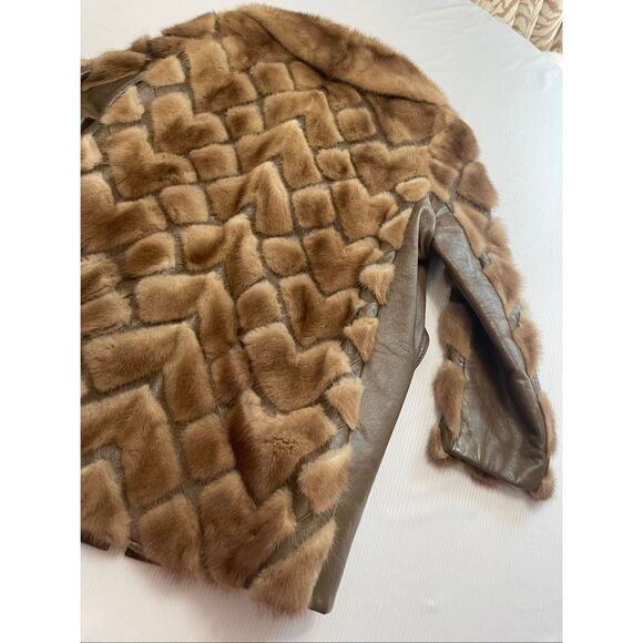 VTG Mink Coat Women Large Chevron Striped Fur Old Money Mob Wives Leather Jacket - Picture 7 of 10